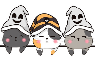 Halloween kawaii cat with costume vector illustration. Cartoon black cat prepared for halloween party. Cute clipart for stickers, nursery room, book prints, background, invitations, greeting cards