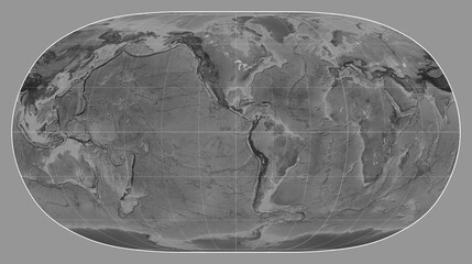World map. Grayscale. Natural Earth II projection. Meridian: -90 west
