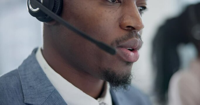 Black man, callcenter and phone call, mouth and mic with communication, CRM and contact us. Customer service consultant talking closeup, lips and help desk, advice with tech support and headset
