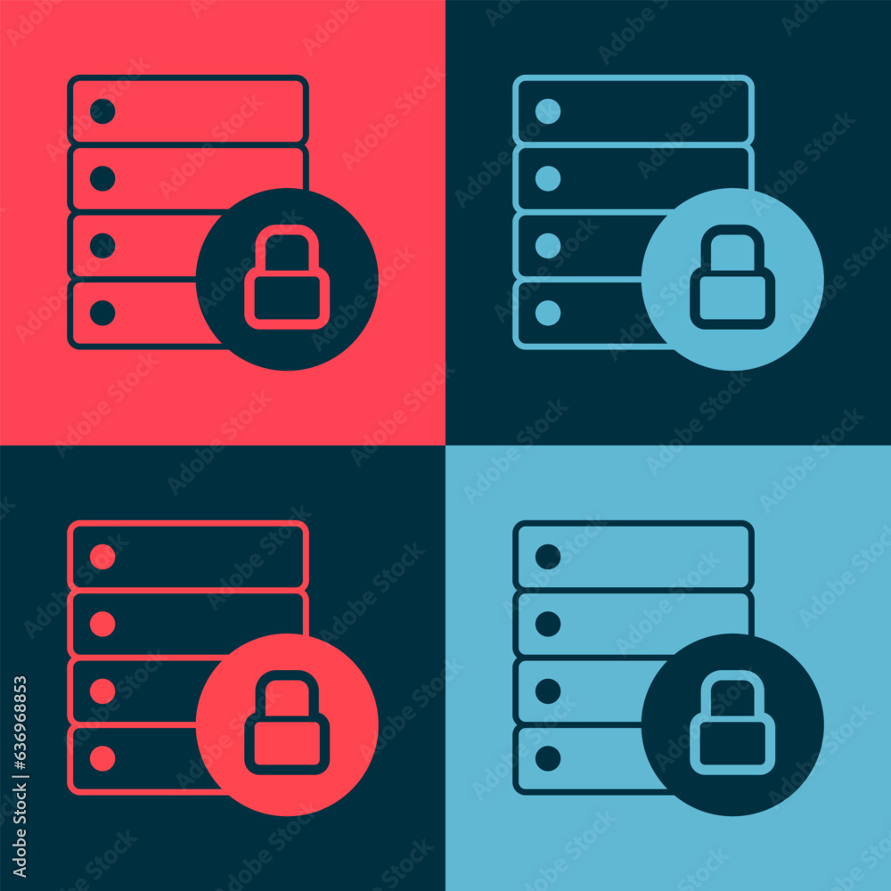 Poster pop art server security with closed padlock icon isolated on color background. database and lock. se