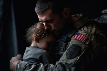 Fototapeta premium Brave soldier tenderly holds a small child in their arms