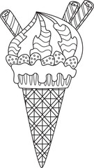 Ice cream doodle coloring book page. Black and white vector zentangle illustration.