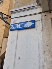 Padua, Italy - May 07, 2023: Old italian road sign for one way, instead of being replaced it...