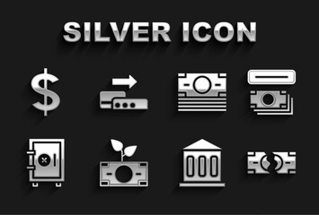 Set Money plant in the pot, ATM and money, Tearing banknote, Bank building, Safe, Stacks paper cash, Dollar symbol and Pos terminal icon. Vector