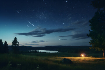 A serene landscape with a campsite and shooting stars