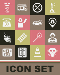 Set Gas mask, Firefighter, Location with fire flame, No match, Lighter, Telephone call 911, Smoke alarm system and Burning car icon. Vector