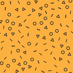 Seamless memphis doodle pattern with simple geometric shapes on yellow background.