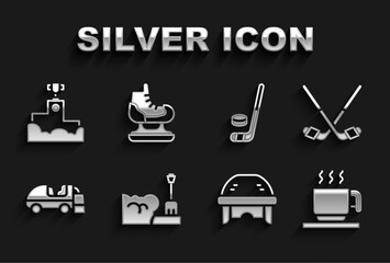 Set Shovel in snowdrift, Ice hockey sticks, Hot chocolate cup, Hockey helmet, resurfacer, and puck, Award winner podium and Skates icon. Vector