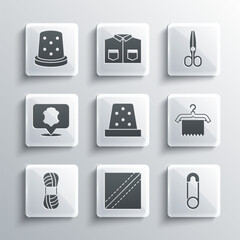 Set Textile fabric roll, Safety pin, Hanger wardrobe, Thimble for sewing, Yarn, Leather, and Scissors icon. Vector