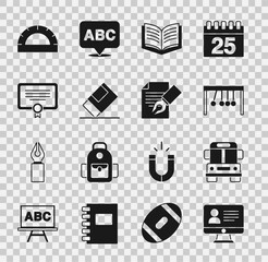 Set Online class, School Bus, Pendulum, Open book, Eraser or rubber, Certificate template, Protractor grid and Exam sheet and pencil icon. Vector