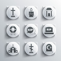 Set Grave with cross, Muslim cemetery, Tombstone RIP written, Speech bubble rip death, Church building, Memorial wreath, and Old crypt icon. Vector