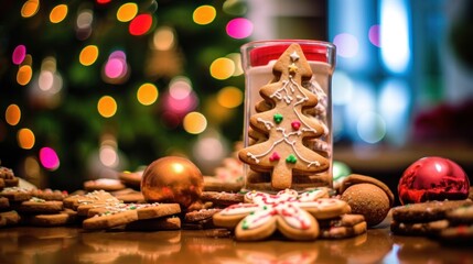 Christmas cookies in the shape of a Christmas tree on a blurred background