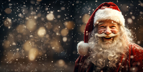 Santa Clause or Father Christmas on a snowy winters night. Portrait with copy space.