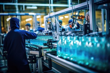 Fototapeta premium Process of beverage manufacturing on a conveyor belt at a factory.
