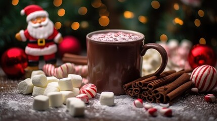 Obraz na płótnie Canvas Hot chocolate with marshmallows and christmas decoration on wooden background. Christmas Greeting Card. Christmas Postcard.