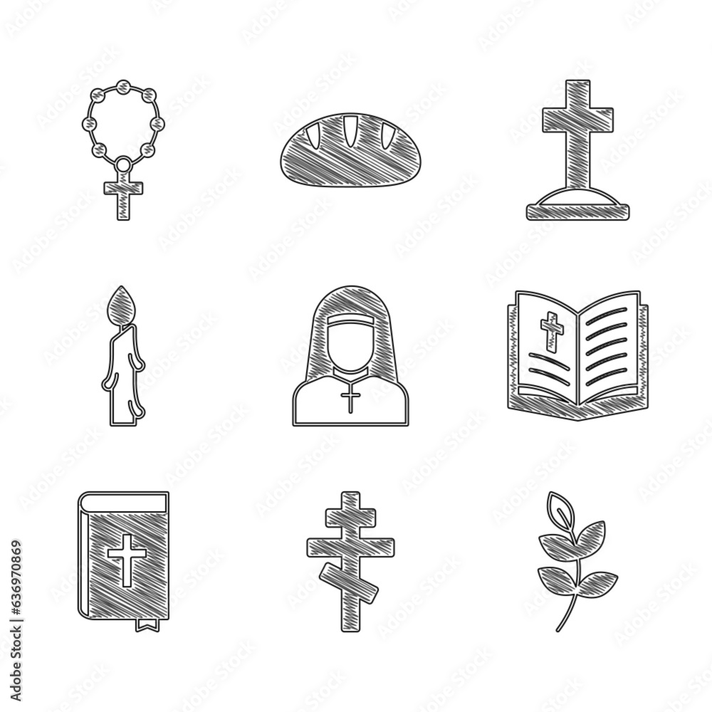 Wall mural set nun, christian cross, willow leaf, holy bible book, burning candle, grave with and rosary beads 