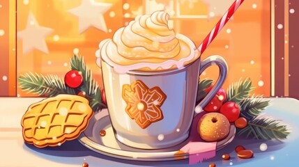 Cup of hot chocolate with whipped cream and gingerbread cookies. Christmas background. Christmas Greeting Card. Christmas Postcard.