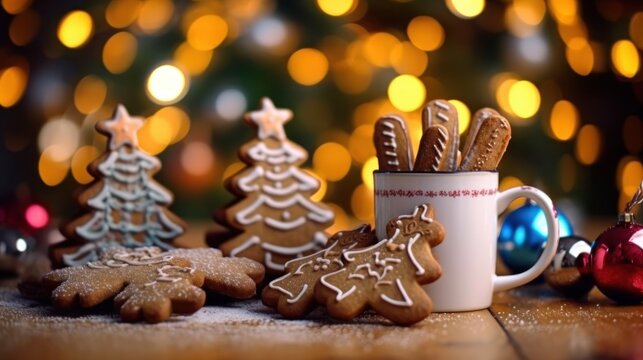 Christmas cookies and cup of coffee on wooden table with bokeh background. Christmas Greeting Card. Christmas Postcard.