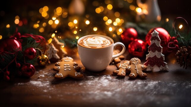 Cup of cappuccino with christmas cookies on wooden background. Christmas Greeting Card. Christmas Postcard.