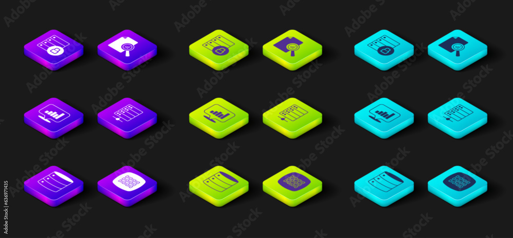 Poster set server, binary code, pie chart infographic, document with and security padlock icon. vector