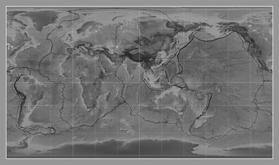 Tectonic plates. Grayscale. Patterson Cylindrical projection 90 east