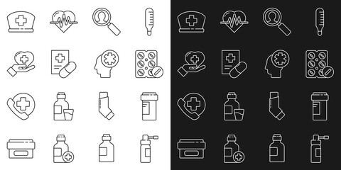 Set line Bottle with nozzle spray, Medicine bottle, Pills blister pack, Medical analysis, prescription, Heart cross, Nurse hat and Male head hospital icon. Vector