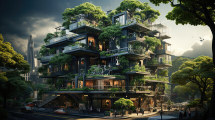 Fototapeta premium Building in the modern city. Green tree