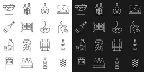 Set line Hop, Champagne bottle, Beer tap with glass, Bottle of cognac or brandy, Saloon door, Opened wine, Cocktail and Pickled cucumber fork icon. Vector