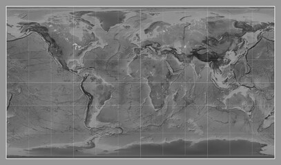 World map. Grayscale. Patterson Cylindrical projection. Meridian: 0