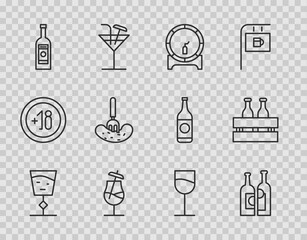Set line Wine glass, Bottles of wine, Wooden barrel on rack, Cocktail, Glass bottle vodka, Pickled cucumber fork, and Pack beer bottles icon. Vector