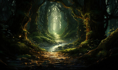 Enchanted Forest Pathway with Gleaming Green Light