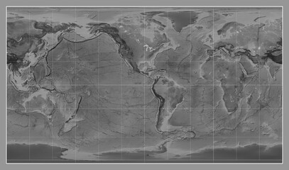 World map. Grayscale. Patterson Cylindrical projection. Meridian: -90 west