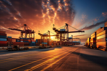 Obraz premium Logistics and transportation of cargo container ship with crane bridge working in shipyard at sunrise, import logistics and shipping industry background