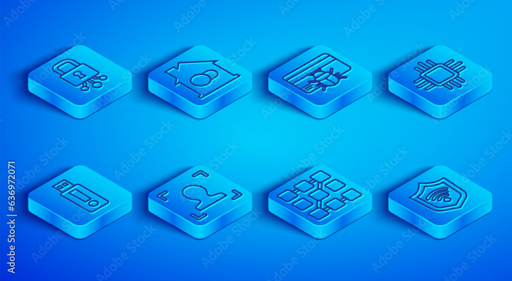 Poster set line cyber security, smart home, system bug in credit card, face recognition, graphic password p