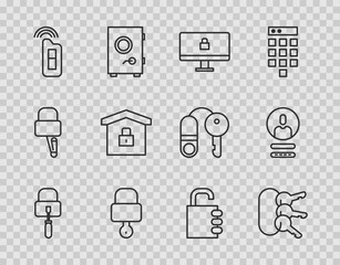 Set line Lock picks for lock picking, Bunch of keys, on computer monitor, and, Car with remote, House under protection, Safe combination and Create account screen icon. Vector