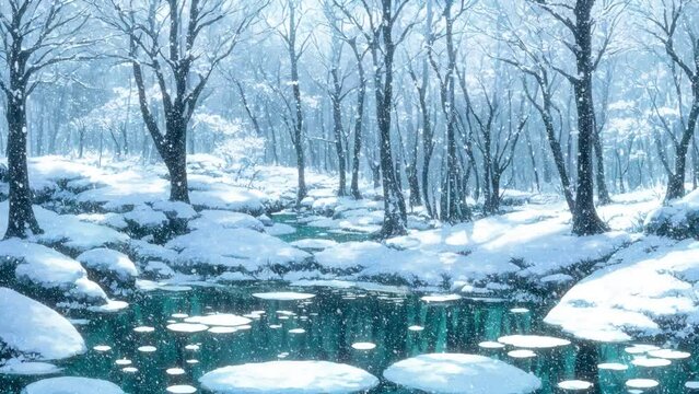Winter forest scenery, Anime seamless Background.
