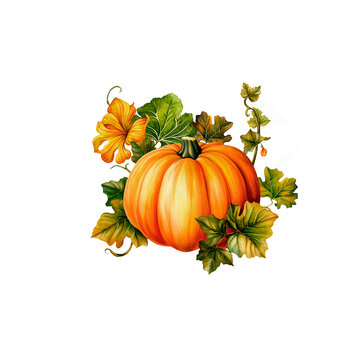 Pumpkin with leaves isolated illustration on white background.