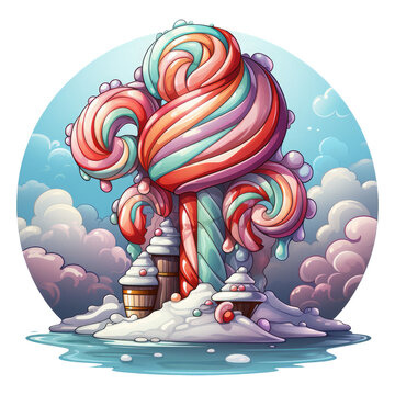 A whimsical Christmas Candy Cane T-shirt Design, depicting a candy cane rainbow arcing across a pastel sky, Generative Ai