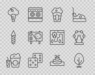 Set line Popcorn in box and glass, Tree, Game dice, Ice cream waffle cone, Amusement park billboard, Fountain and Ferris wheel icon. Vector