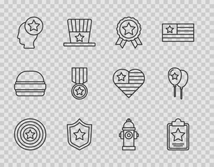 Set line American star shield, USA Independence day, Medal with, Police badge, Head, Fire hydrant and Balloons icon. Vector