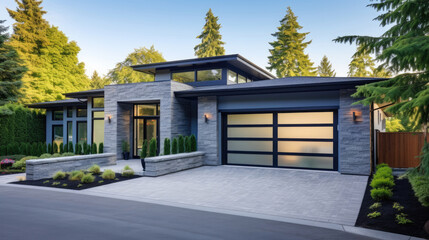 Fototapeta na wymiar Luxurious new construction home in Bellevue, WA. Modern style home boasts two car garage framed by blue siding and natural stone wall trim.