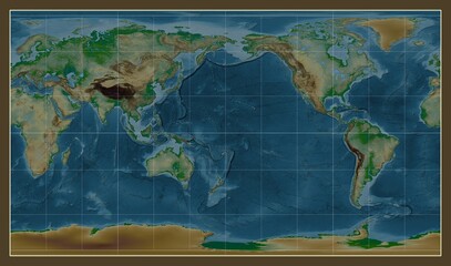 World map. Physical. Patterson Cylindrical projection. Meridian: 180