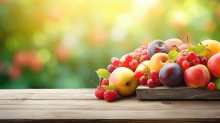 Empty wooden table top in tropical fruit with blur background of food trees. Template mock up for display of product. Generative AI