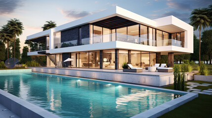 Fototapeta premium Modern house with terrace and a swimming pool.