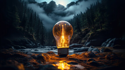 electric glowing incandescent light bulb glowing against the landscape - obrazy, fototapety, plakaty