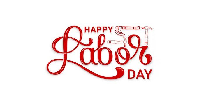 Happy labor day text animation. Modern Handwritten text with construction tools in 4 colors on the white screen alpha channel. Great for events, festivals, and celebrations. Editable background