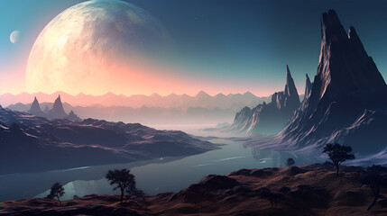 Alien planet landscape with giant planet in the background, Generative ai