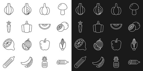 Set line Fresh cucumber, Corn, Orange fruit, Garlic, Bell pepper, Carrot, Onion and Melon icon. Vector