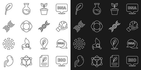 Set line Bio healthy food, DNA symbol, Hand holding Earth globe, Plant pot, Molecule, Leaf or leaves and icon. Vector