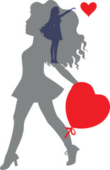 Silhouette girl holding heart balloons, love concept illustration. Perfect for Valentine’s Day, romantic designs, cards, posters, marketing materials